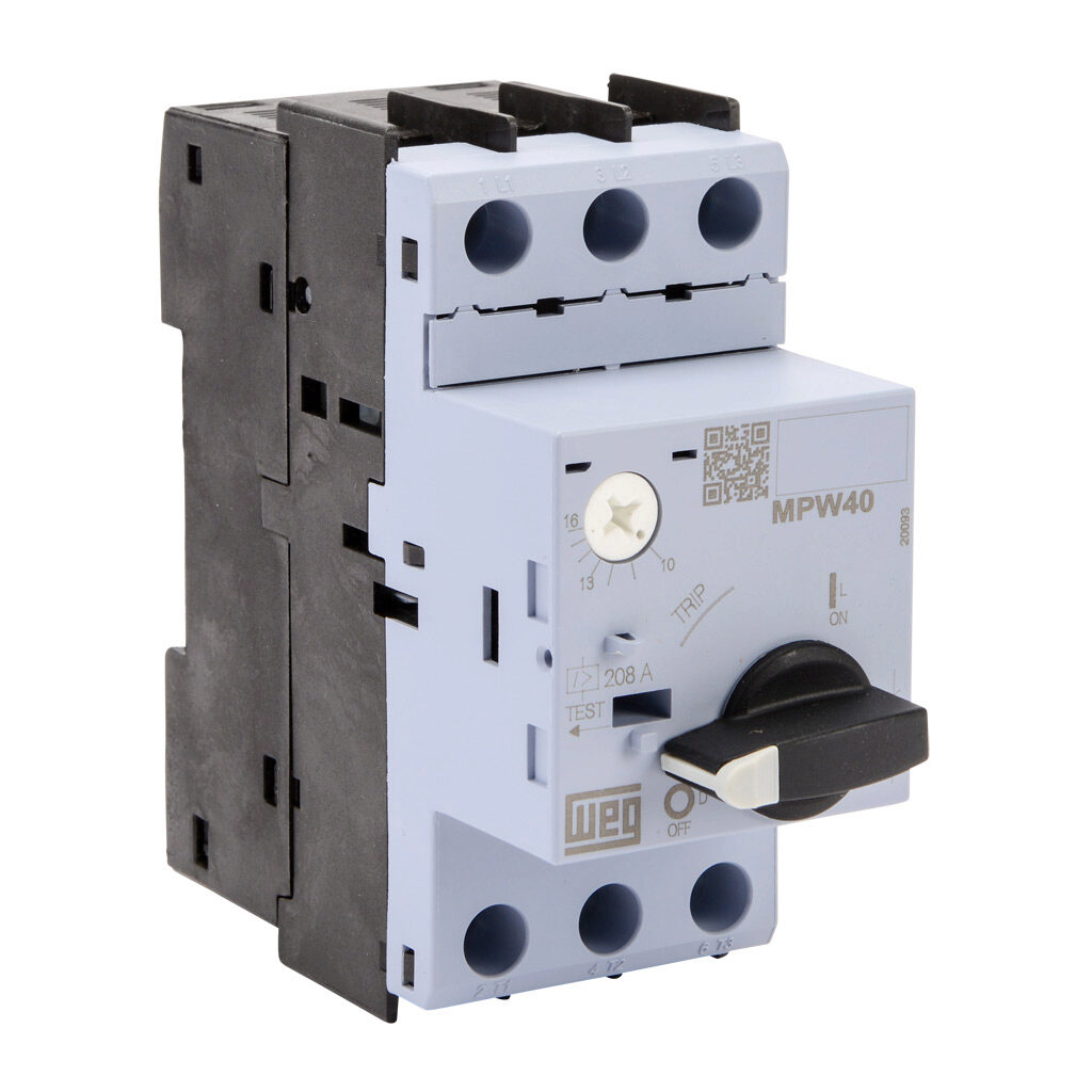 MPW40-3-U016 - WEG Electric MPW40 series manual motor protector, rotary, 16A, thermal overload, 10.0-16.0A adjustable, 208A instantaneous trip rating, open, 45mm frame.