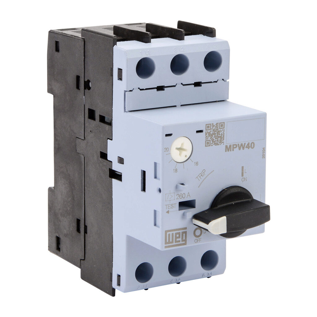 MPW40-3-U020 - WEG Electric MPW40 series manual motor protector, rotary, 20A, thermal overload, 16.0-20.0A adjustable, 260A instantaneous trip rating, open, 45mm frame.