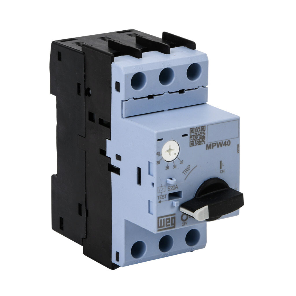 MPW40-3-U040 - WEG Electric MPW40 series manual motor protector, rotary, 40A, thermal overload, 32.0-40.0A adjustable, 520A instantaneous trip rating, open, 45mm frame.