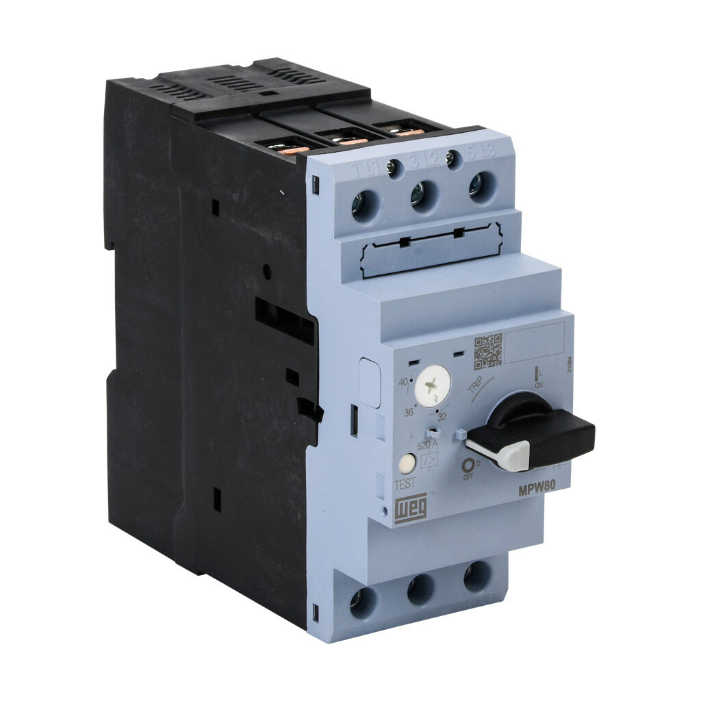 MPW80-3-U040 - WEG Electric MPW80 series manual motor protector, rotary, 40A, thermal overload, 32.0-40.0A adjustable, 520A instantaneous trip rating, open, 54mm frame.
