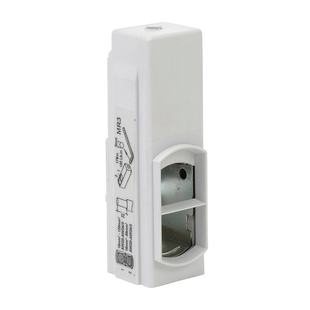 MR3-AD - AutomationDirect box type wiring lug, line or load mount, 1 openings, #5 AWG-4/0 wire(s). For use with GH15NT or GH15PT series contactors or RTD180 series overloads. Integral cover included.