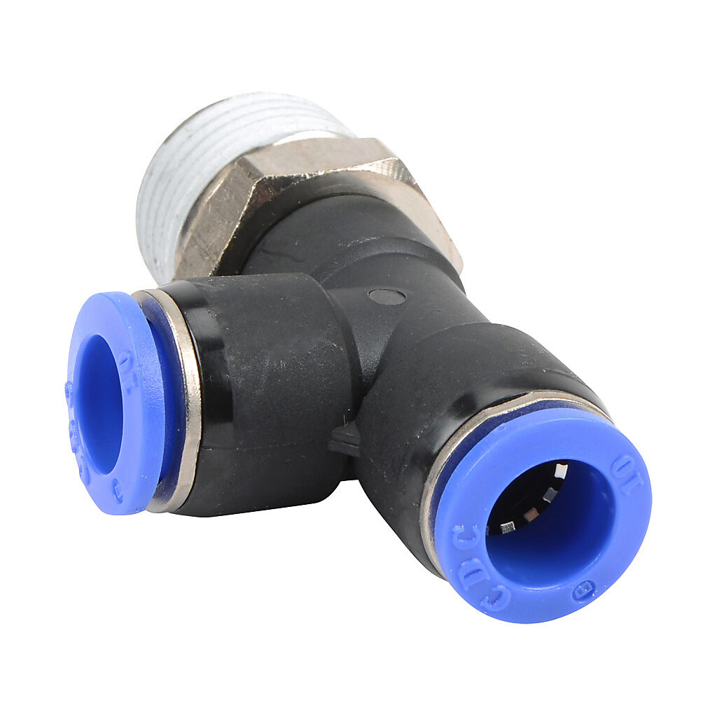 MRT10M-12R - NITRA pneumatic push-to-connect fitting, run tee, rotating, thermoplastic (PBT) body, nickel-plated brass threads, thread sealant, (1) R1/2 male BSPT to (2) 10mm push-to-connect. Package of 5.