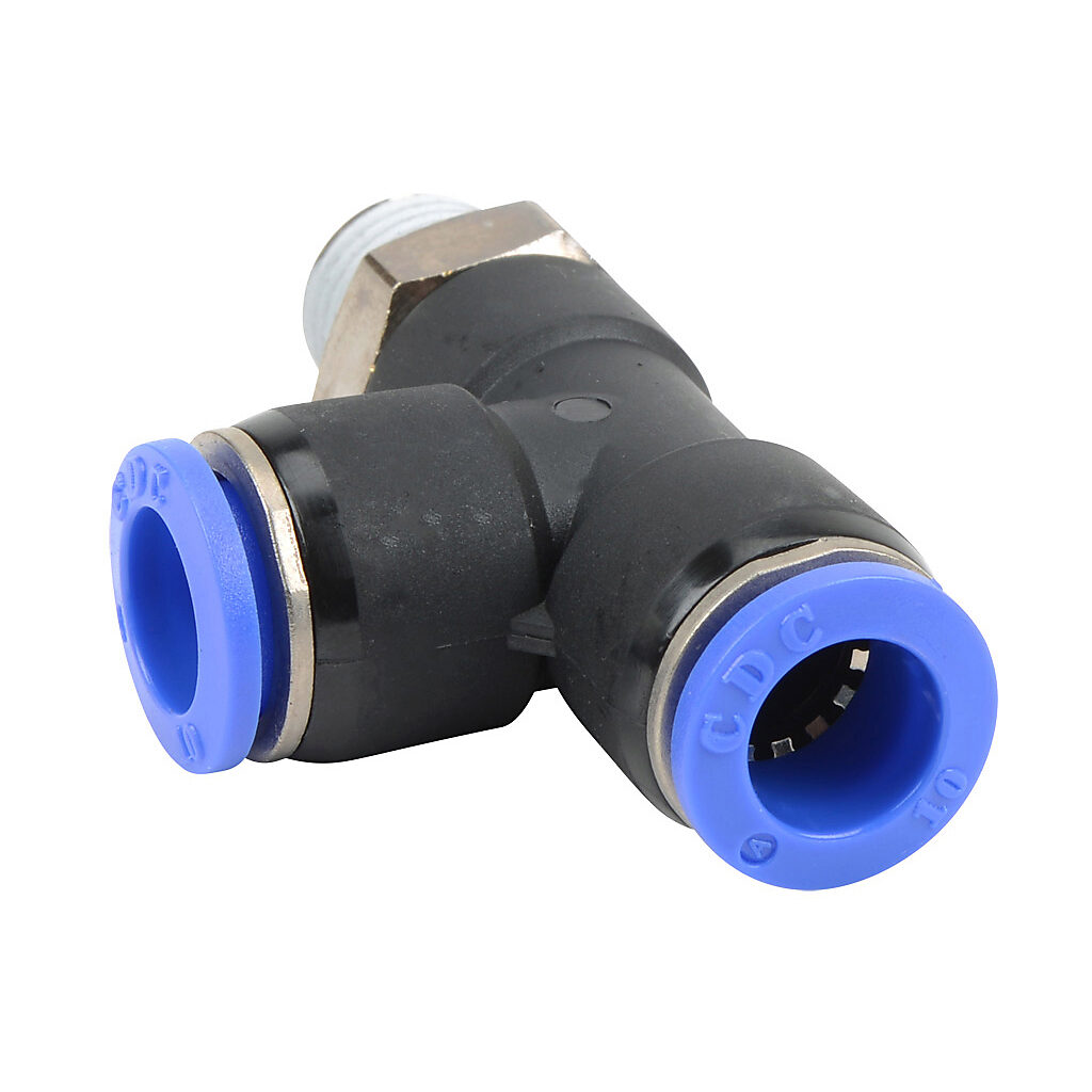 MRT10M-14R - NITRA pneumatic push-to-connect fitting, run tee, rotating, thermoplastic (PBT) body, nickel-plated brass threads, thread sealant, (1) R1/4 male BSPT to (2) 10mm push-to-connect. Package of 5.