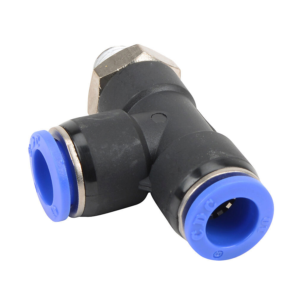 MRT10M-18R - NITRA pneumatic push-to-connect fitting, run tee, rotating, thermoplastic (PBT) body, nickel-plated brass threads, thread sealant, (1) R1/8 male BSPT to (2) 10mm push-to-connect. Package of 5.