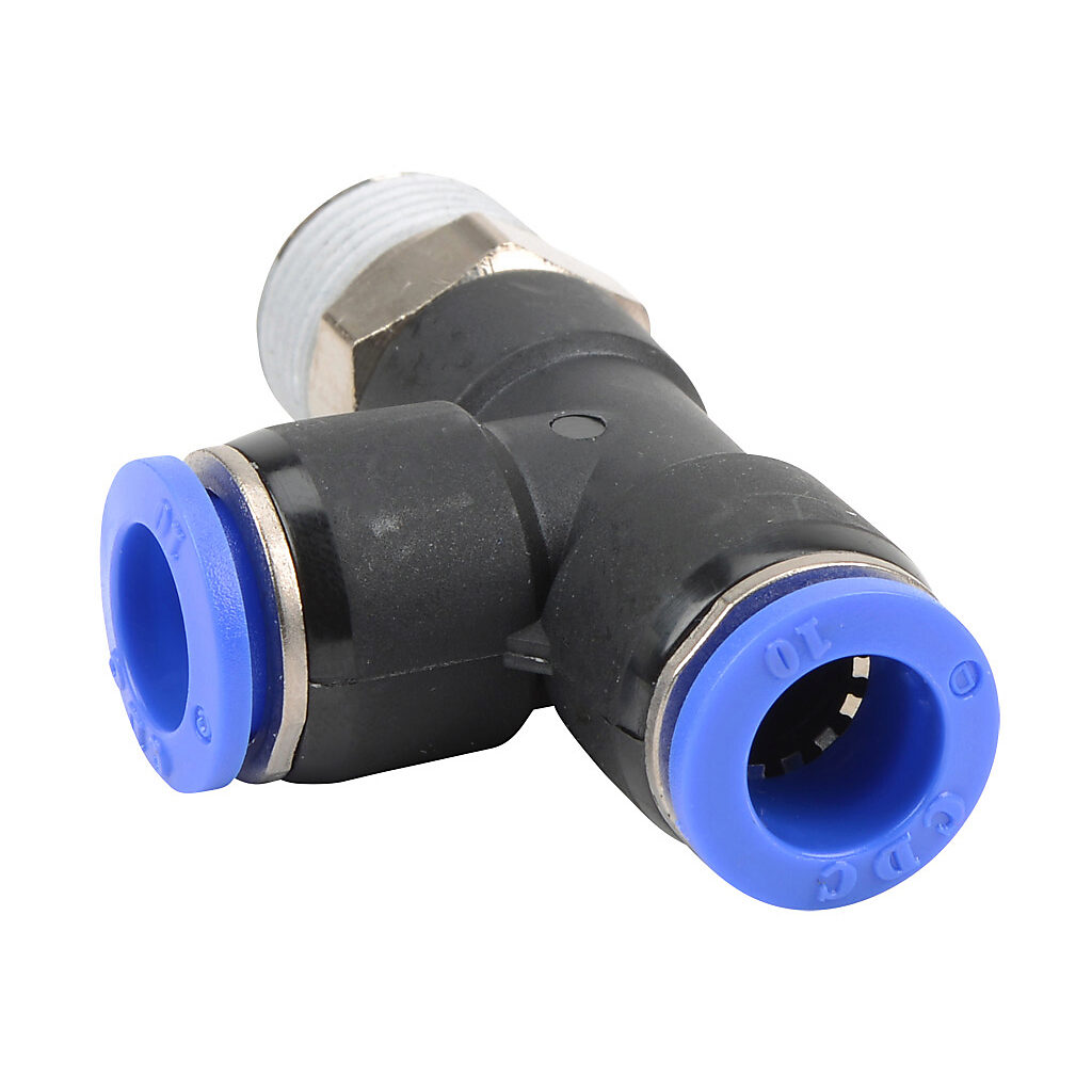 MRT10M-38R - NITRA pneumatic push-to-connect fitting, run tee, rotating, thermoplastic (PBT) body, nickel-plated brass threads, thread sealant, (1) R3/8 male BSPT to (2) 10mm push-to-connect. Package of 5.