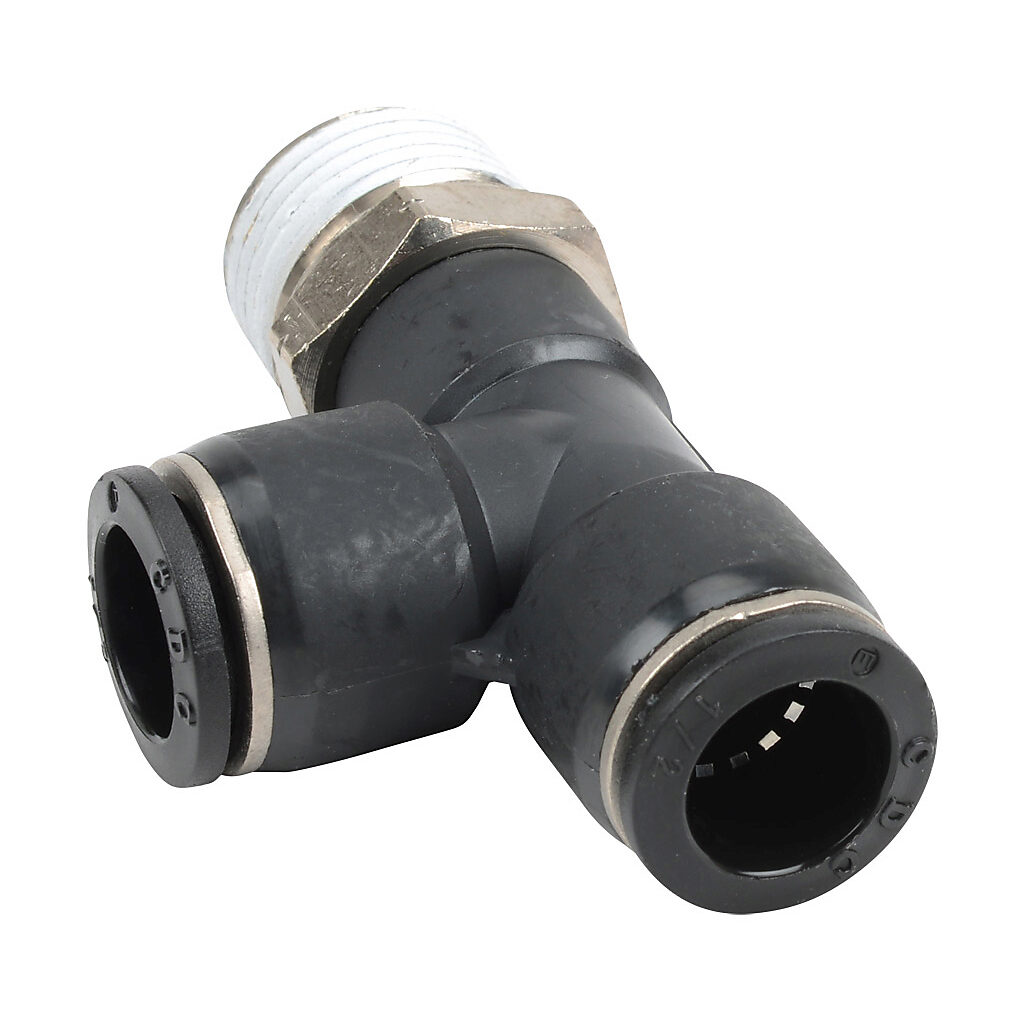 MRT12-12N - NITRA pneumatic push-to-connect fitting, run tee, rotating, thermoplastic (PBT) body, nickel-plated brass threads, thread sealant, (1) 1/2in male NPT to (2) 1/2in push-to-connect. Package of 5.