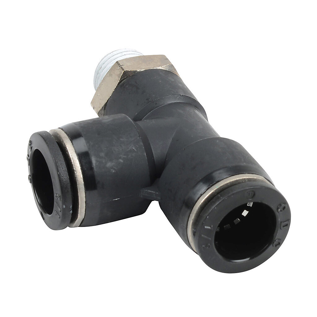 MRT12-14N - NITRA pneumatic push-to-connect fitting, run tee, rotating, thermoplastic (PBT) body, nickel-plated brass threads, thread sealant, (1) 1/4in male NPT to (2) 1/2in push-to-connect. Package of 5.
