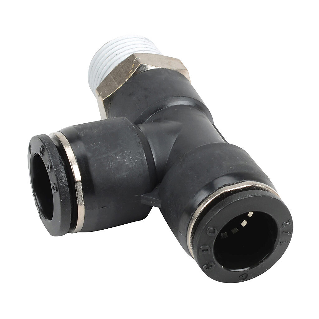 MRT12-38N - NITRA pneumatic push-to-connect fitting, run tee, rotating, thermoplastic (PBT) body, nickel-plated brass threads, thread sealant, (1) 3/8in male NPT to (2) 1/2in push-to-connect. Package of 5.