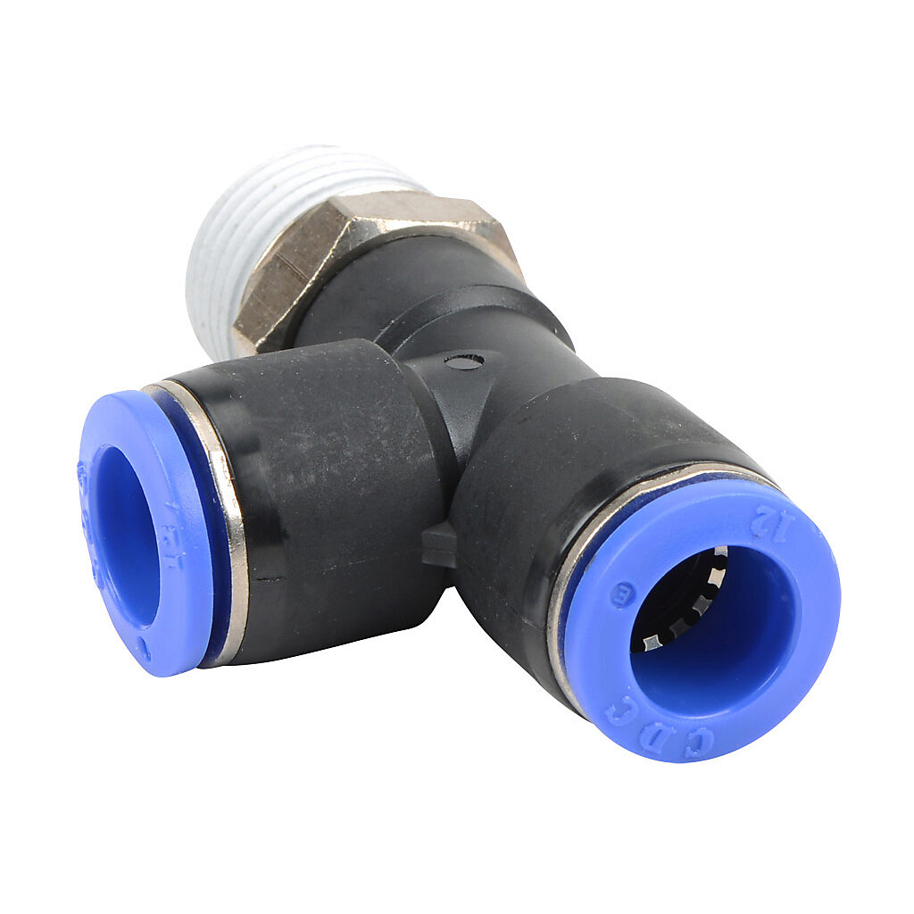 MRT12M-12R - NITRA pneumatic push-to-connect fitting, run tee, rotating, thermoplastic (PBT) body, nickel-plated brass threads, thread sealant, (1) R1/2 male BSPT to (2) 12mm push-to-connect. Package of 5.