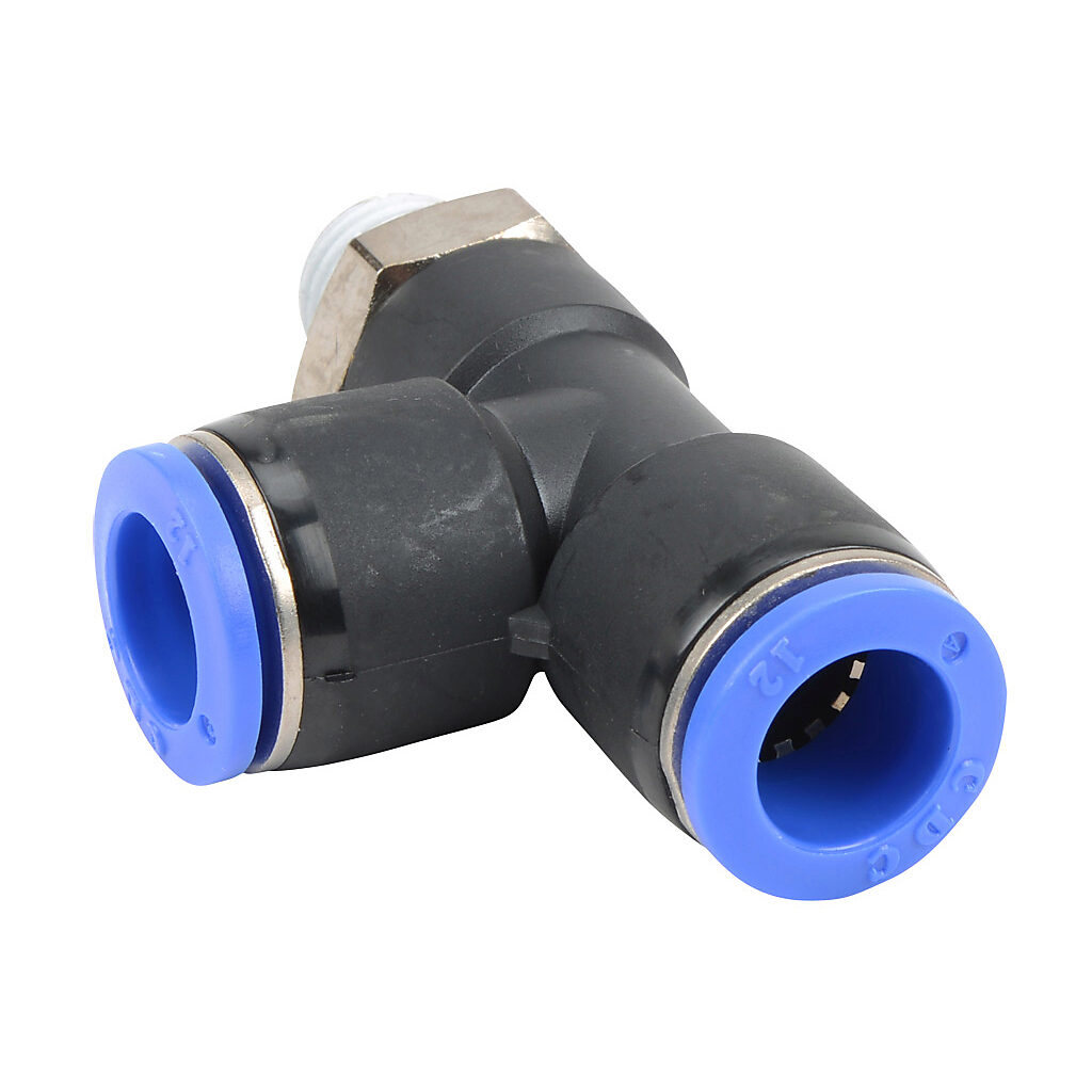 MRT12M-14R - NITRA pneumatic push-to-connect fitting, run tee, rotating, thermoplastic (PBT) body, nickel-plated brass threads, thread sealant, (1) R1/4 male BSPT to (2) 12mm push-to-connect. Package of 5.