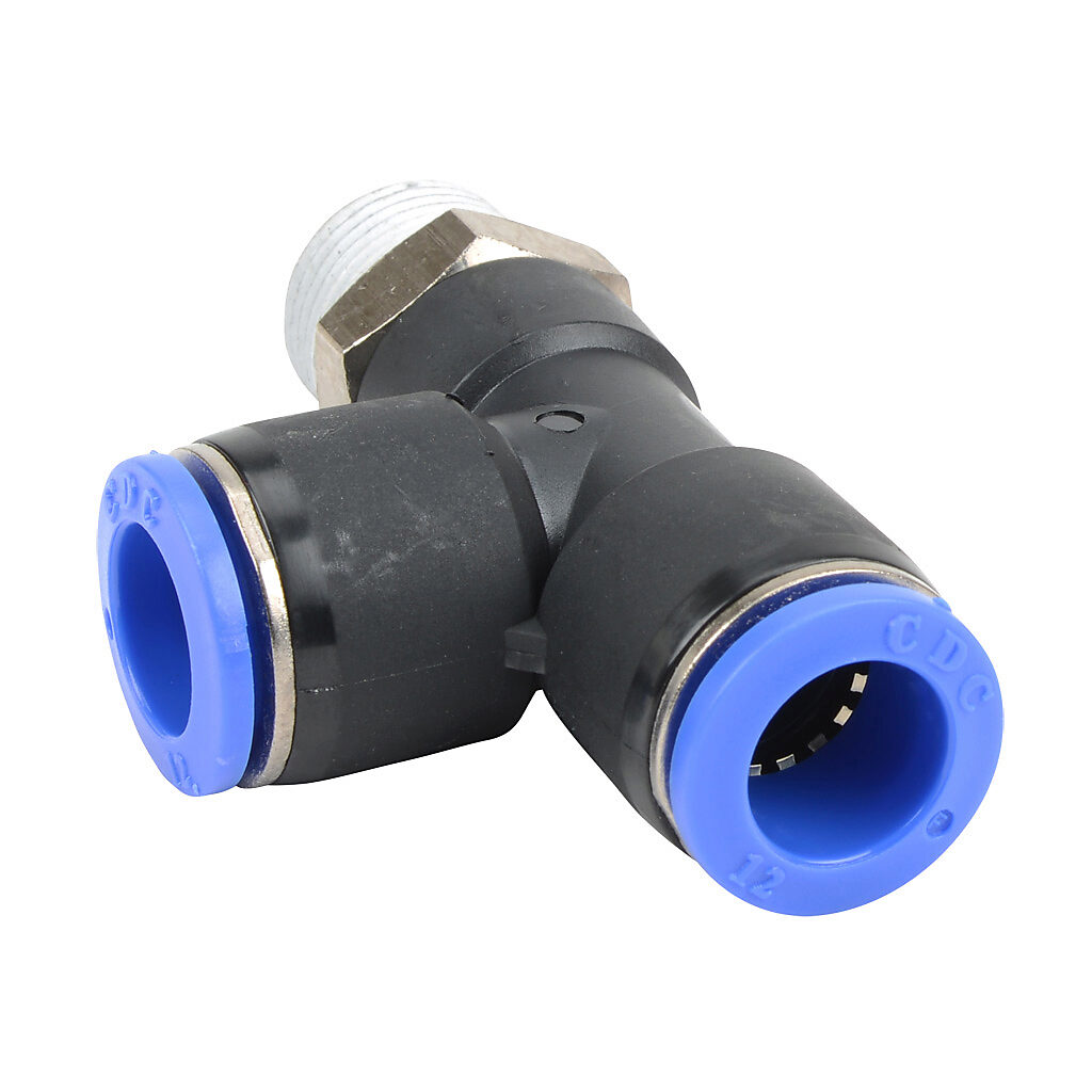 MRT12M-38R - NITRA pneumatic push-to-connect fitting, run tee, rotating, thermoplastic (PBT) body, nickel-plated brass threads, thread sealant, (1) R3/8 male BSPT to (2) 12mm push-to-connect. Package of 5.