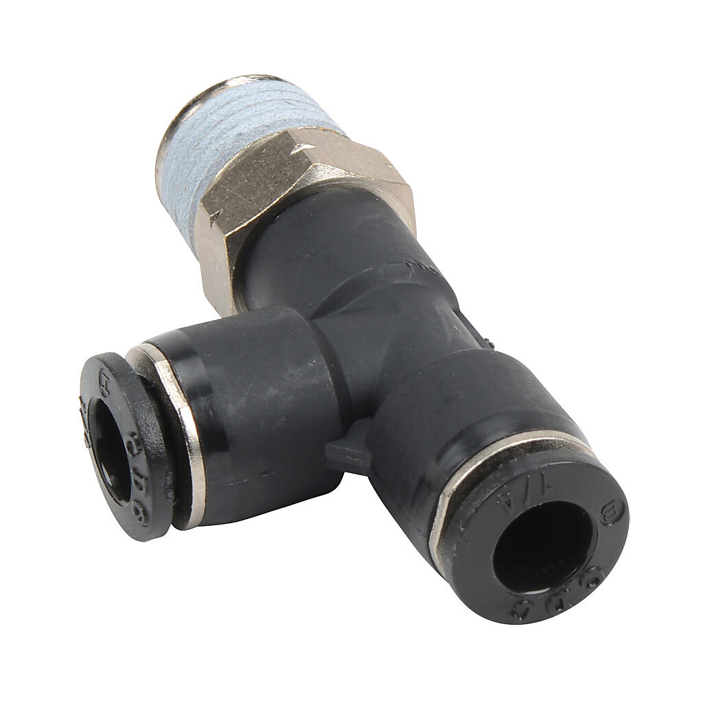 MRT14-14N - NITRA pneumatic push-to-connect fitting, run tee, rotating, thermoplastic (PBT) body, nickel-plated brass threads, thread sealant, (1) 1/4in male NPT to (2) 1/4in push-to-connect. Package of 5.