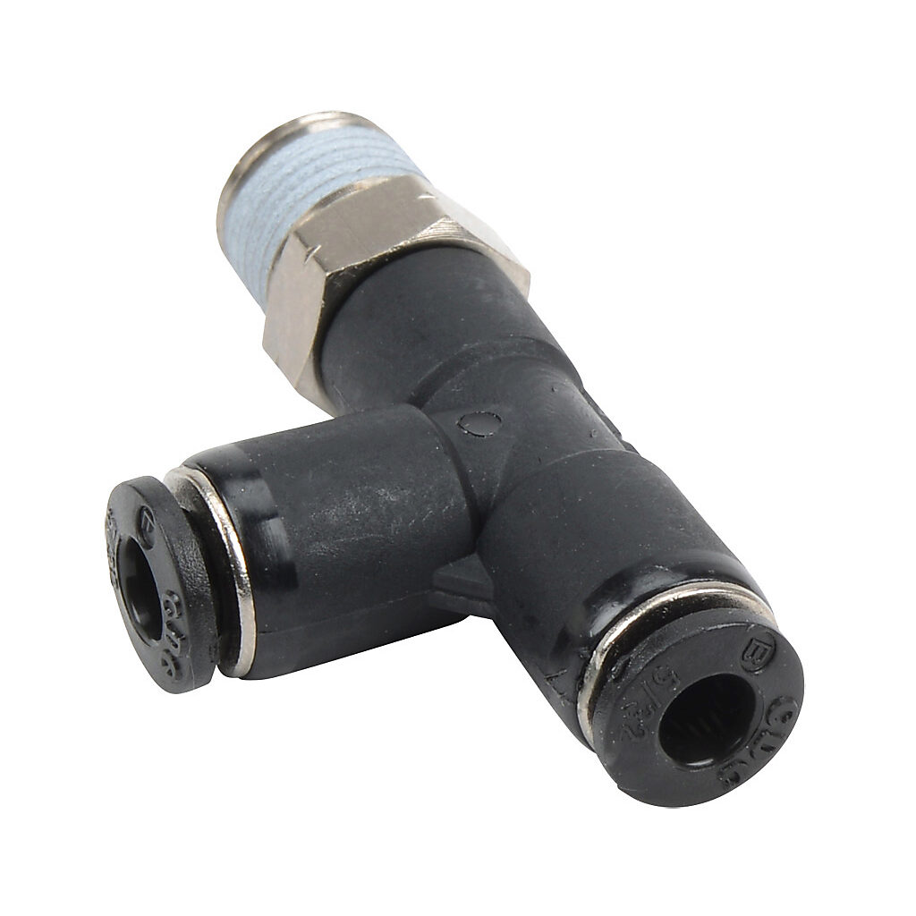 MRT14-18N - NITRA pneumatic push-to-connect fitting, run tee, rotating, thermoplastic (PBT) body, nickel-plated brass threads, thread sealant, (1) 1/8in male NPT to (2) 1/4in push-to-connect. Package of 5.
