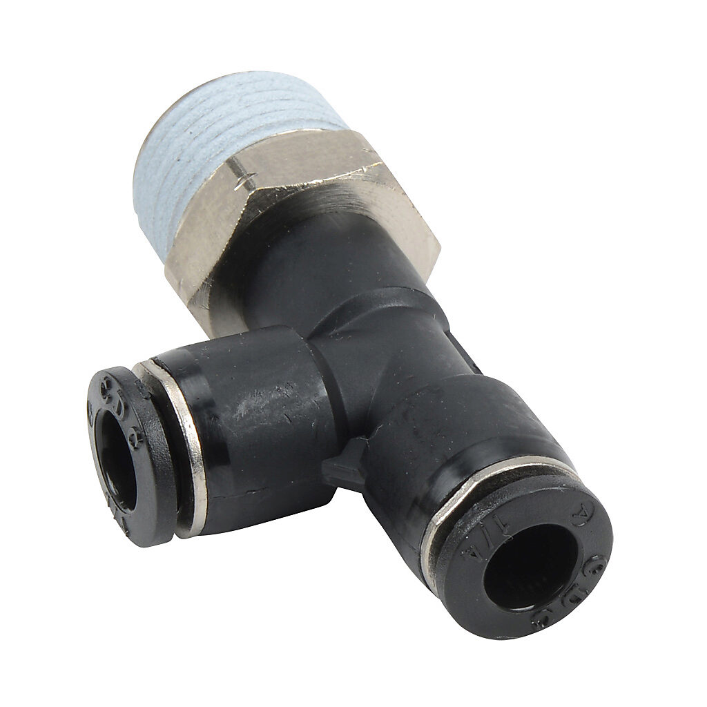 MRT14-38N - NITRA pneumatic push-to-connect fitting, run tee, rotating, thermoplastic (PBT) body, nickel-plated brass threads, thread sealant, (1) 3/8in male NPT to (2) 1/4in push-to-connect. Package of 5.