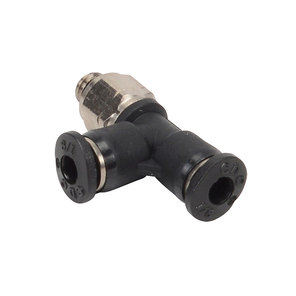MRT18-10N - NITRA pneumatic push-to-connect fitting, run tee, rotating, thermoplastic (PBT) body, nickel-plated brass threads, Buna-N O-ring seal(s), (1) #10-32 male UNF to (2) 1/8in push-to-connect. Package of 5.