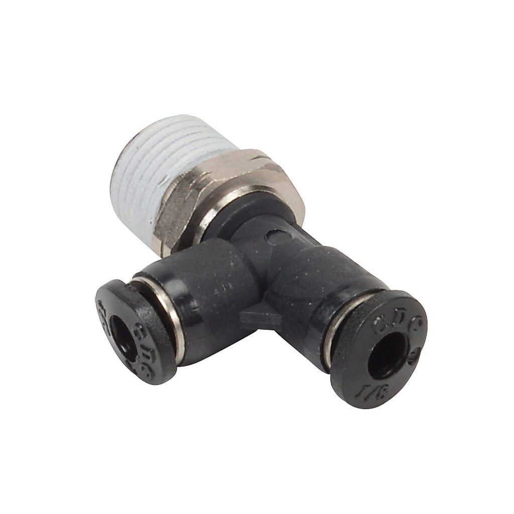 MRT18-18N - NITRA pneumatic push-to-connect fitting, run tee, rotating, thermoplastic (PBT) body, nickel-plated brass threads, thread sealant, (1) 1/8in male NPT to (2) 1/8in push-to-connect. Package of 5.