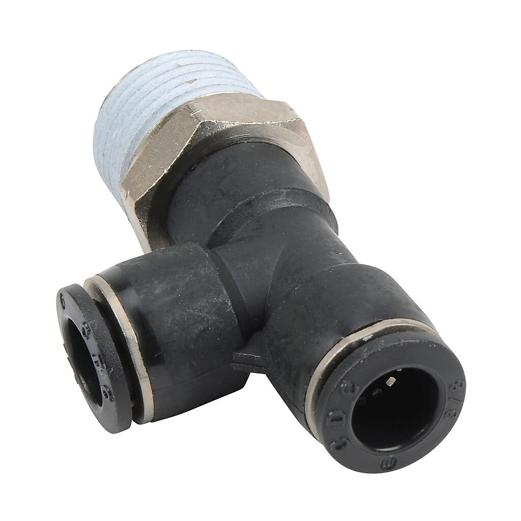MRT38-12N - NITRA pneumatic push-to-connect fitting, run tee, rotating, thermoplastic (PBT) body, nickel-plated brass threads, thread sealant, (1) 1/2in male NPT to (2) 3/8in push-to-connect. Package of 5.