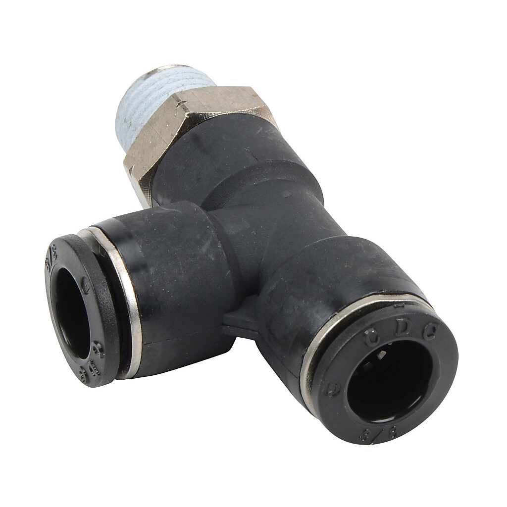 MRT38-14N - NITRA pneumatic push-to-connect fitting, run tee, rotating, thermoplastic (PBT) body, nickel-plated brass threads, thread sealant, (1) 1/4in male NPT to (2) 3/8in push-to-connect. Package of 5.