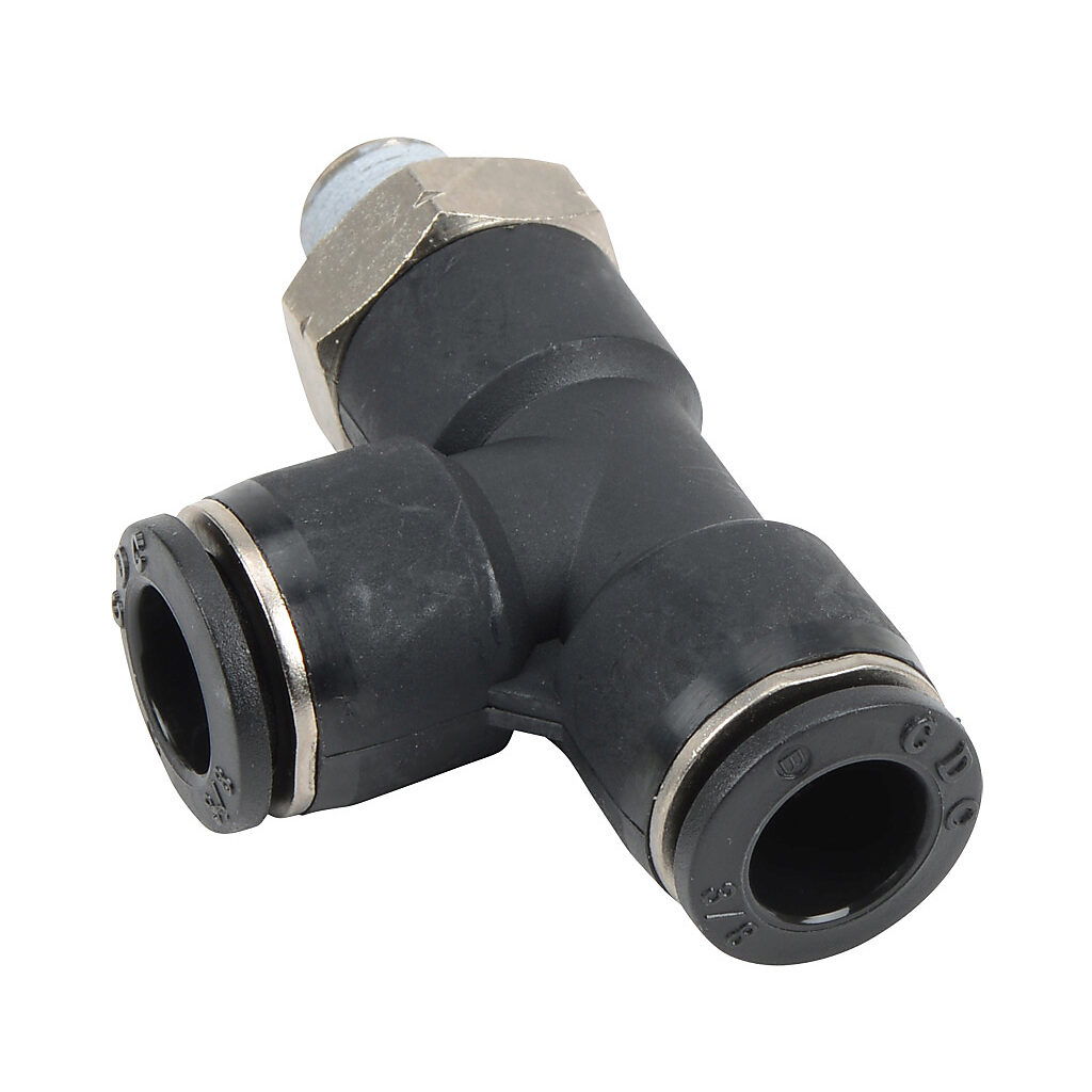 MRT38-18N - NITRA pneumatic push-to-connect fitting, run tee, rotating, thermoplastic (PBT) body, nickel-plated brass threads, thread sealant, (2) 3/8in push-to-connect to (1) 1/8in male NPT. Package of 5.