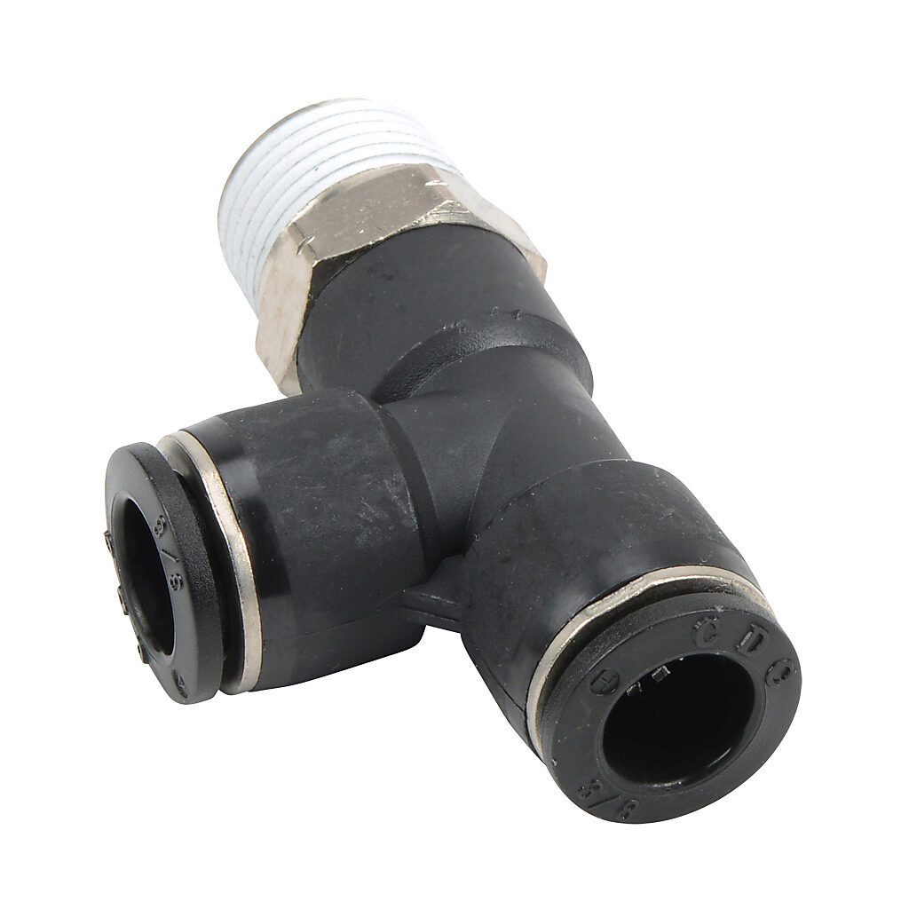 MRT38-38N - NITRA pneumatic push-to-connect fitting, run tee, rotating, thermoplastic (PBT) body, nickel-plated brass threads, thread sealant, (2) 3/8in push-to-connect to (1) 3/8in male NPT. Package of 5.