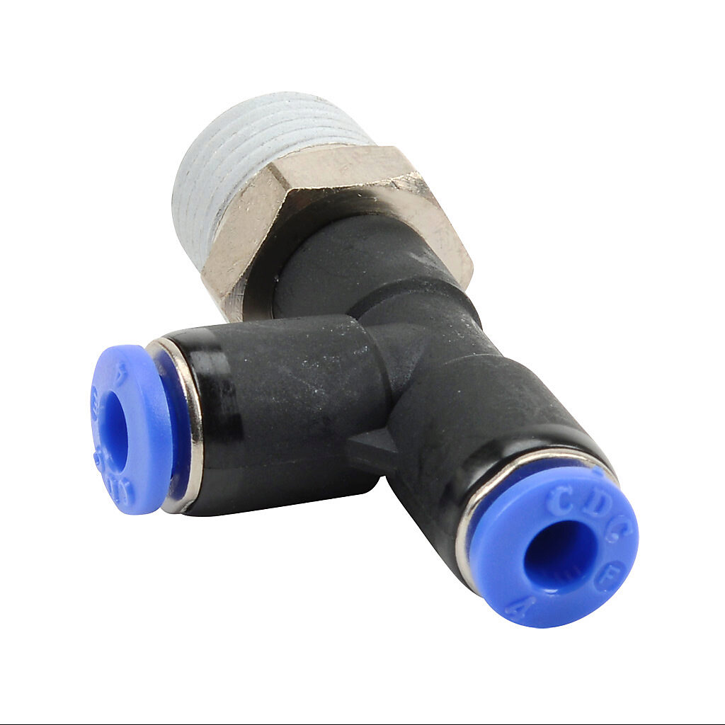 MRT4M-14R - NITRA pneumatic push-to-connect fitting, run tee, rotating, thermoplastic (PBT) body, nickel-plated brass threads, thread sealant, (1) R1/4 male BSPT to (2) 5/32in (4mm) push-to-connect. Package of 5.