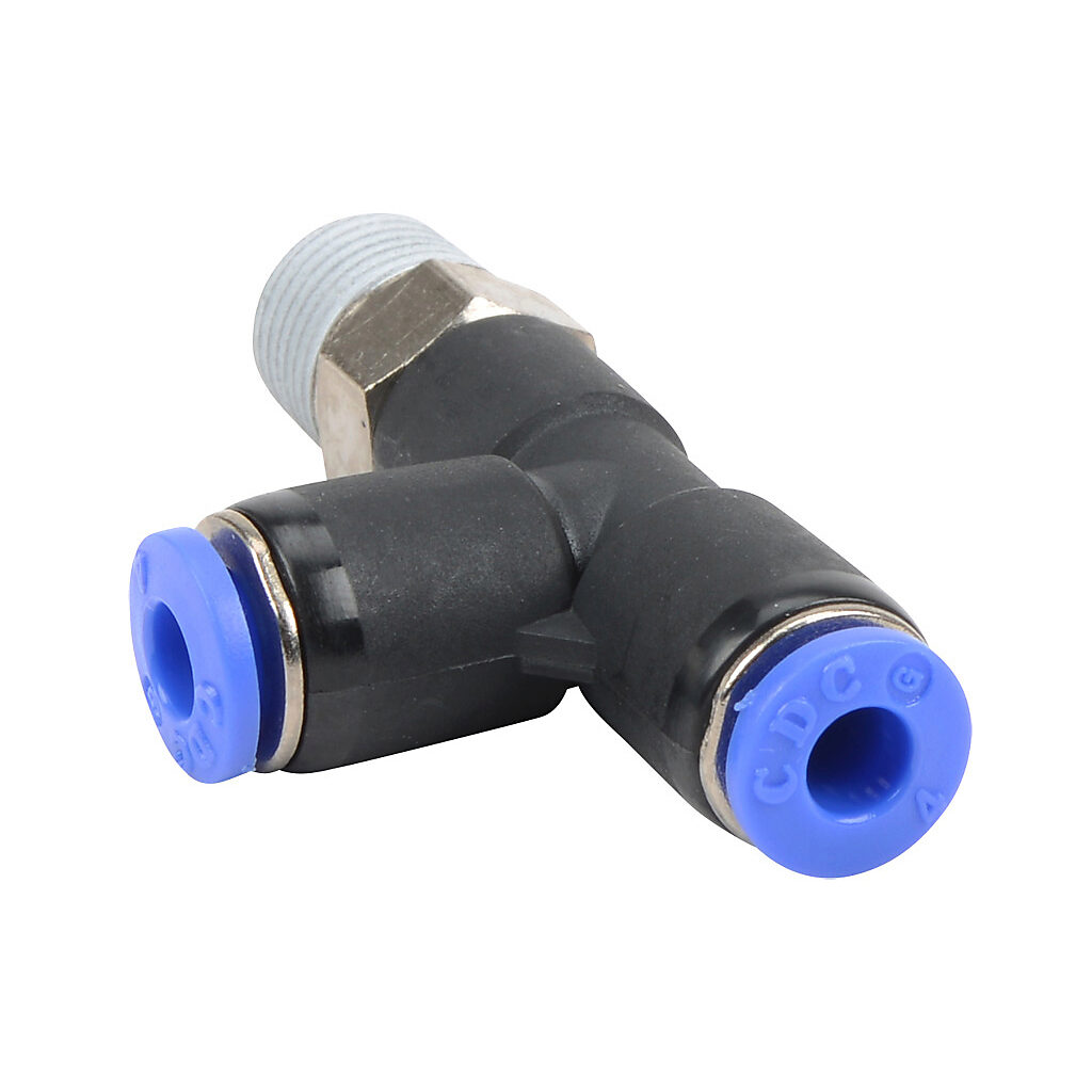 MRT4M-18R - NITRA pneumatic push-to-connect fitting, run tee, rotating, thermoplastic (PBT) body, nickel-plated brass threads, thread sealant, (1) R1/8 male BSPT to (2) 5/32in (4mm) push-to-connect. Package of 5.