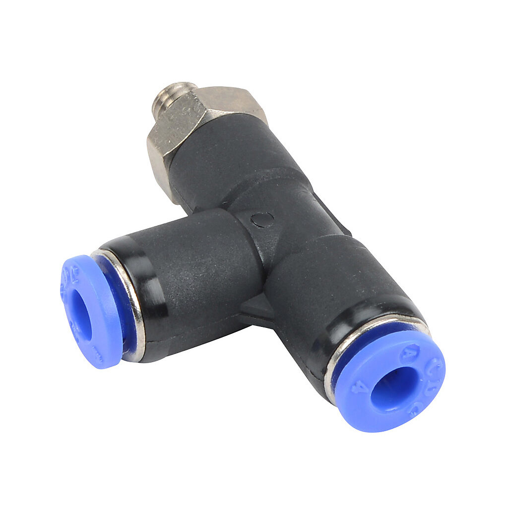 MRT4M-M5 - NITRA pneumatic push-to-connect fitting, run tee, rotating, thermoplastic (PBT) body, nickel-plated brass threads, Buna-N O-ring seal(s), (1) M5 x 0.8 male ISO to (2) 5/32in (4mm) push-to-connect. Package of 5.