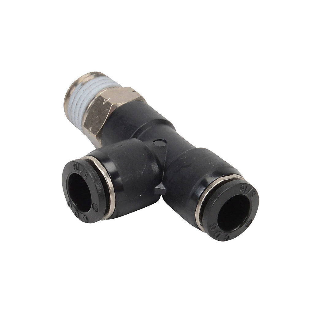 MRT516-14N - NITRA pneumatic push-to-connect fitting, run tee, rotating, thermoplastic (PBT) body, nickel-plated brass threads, thread sealant, (1) 1/4in male NPT to (2) 5/16in (8mm) push-to-connect. Package of 5.