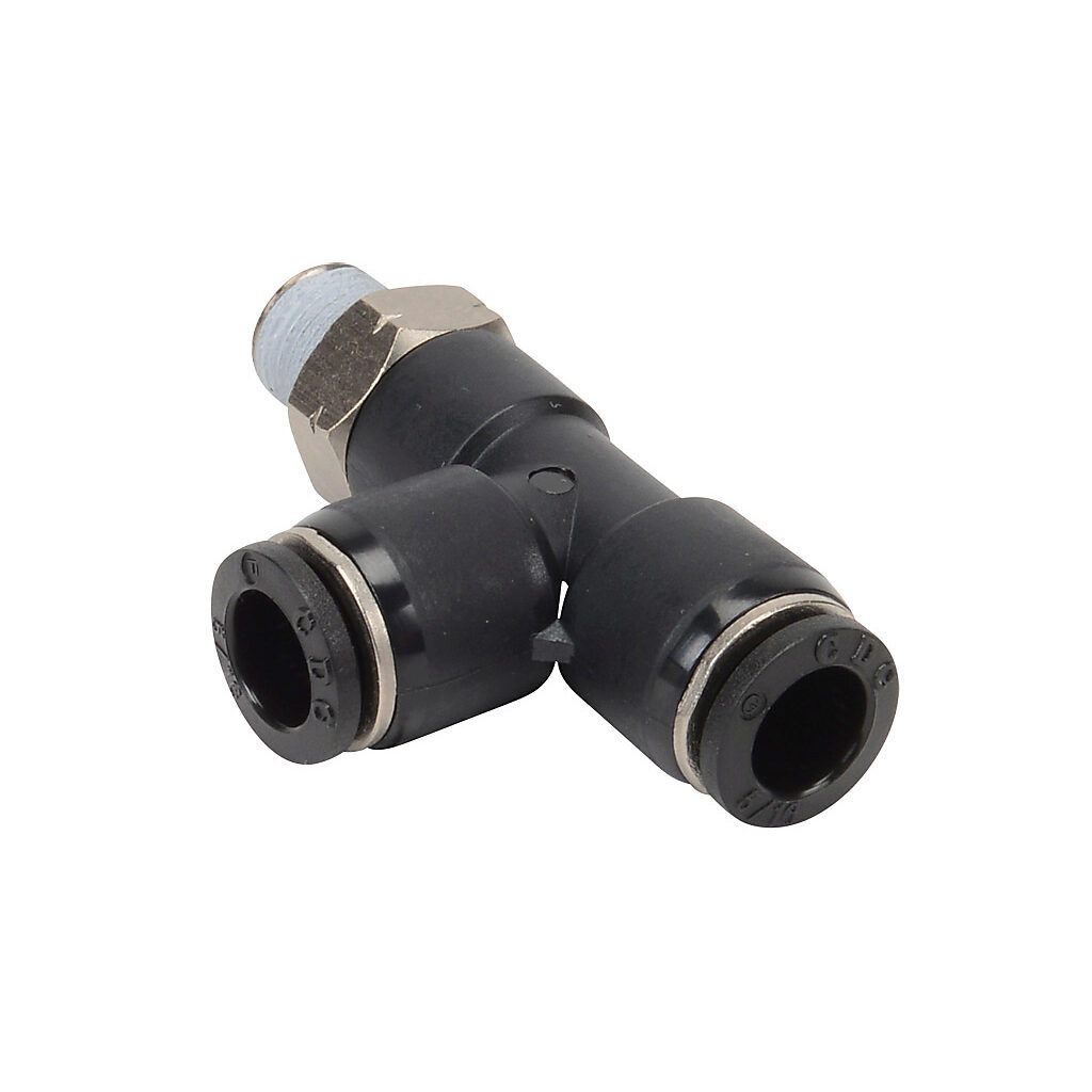 MRT516-18N - NITRA pneumatic push-to-connect fitting, run tee, rotating, thermoplastic (PBT) body, nickel-plated brass threads, thread sealant, (1) 1/8in male NPT to (2) 5/16in (8mm) push-to-connect. Package of 5.