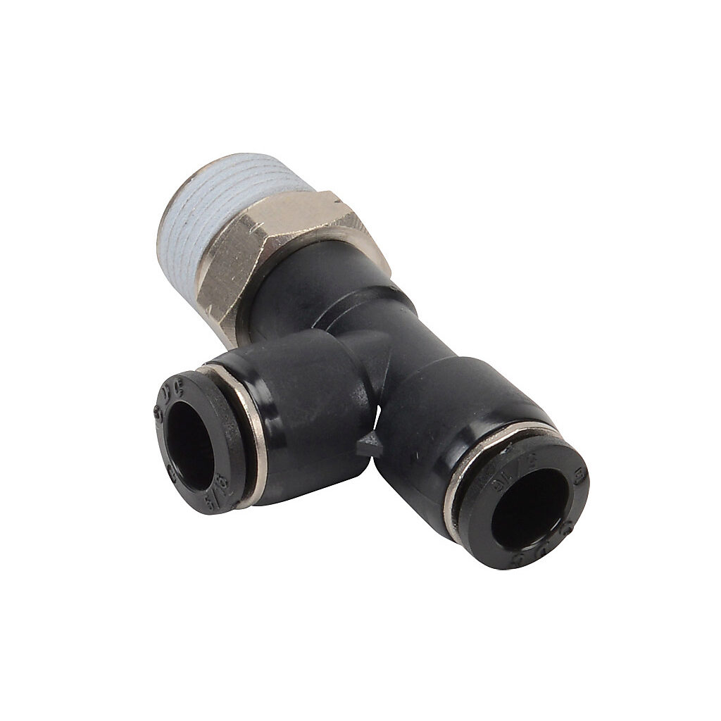 MRT516-38N - NITRA pneumatic push-to-connect fitting, run tee, rotating, thermoplastic (PBT) body, nickel-plated brass threads, thread sealant, (1) 3/8in male NPT to (2) 5/16in (8mm) push-to-connect. Package of 5.