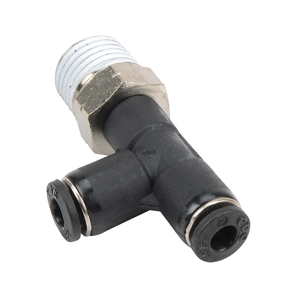 MRT532-14N - NITRA pneumatic push-to-connect fitting, run tee, rotating, thermoplastic (PBT) body, nickel-plated brass threads, thread sealant, (1) 1/4in male NPT to (2) 5/32in (4mm) push-to-connect. Package of 5.