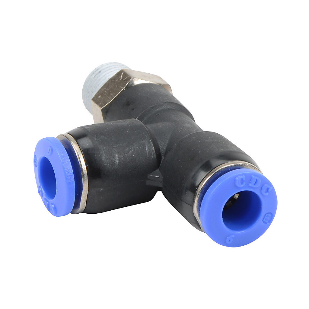 MRT6M-18R - NITRA pneumatic push-to-connect fitting, run tee, rotating, thermoplastic (PBT) body, nickel-plated brass threads, thread sealant, (1) R1/8 male BSPT to (2) 6mm push-to-connect. Package of 5.
