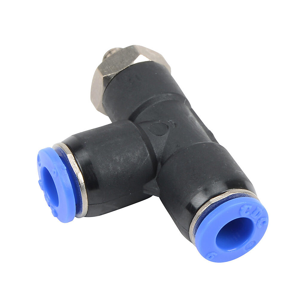 MRT6M-M5 - NITRA pneumatic push-to-connect fitting, run tee, rotating, thermoplastic (PBT) body, nickel-plated brass threads, Buna-N O-ring seal(s), (1) M5 x 0.8 male ISO to (2) 6mm push-to-connect. Package of 5.