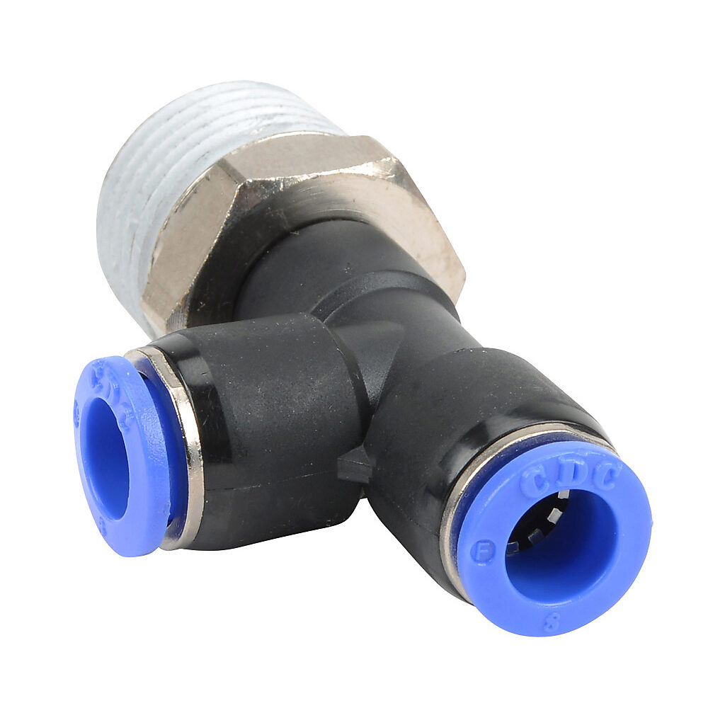 MRT8M-12R - NITRA pneumatic push-to-connect fitting, run tee, rotating, thermoplastic (PBT) body, nickel-plated brass threads, thread sealant, (1) R1/2 male BSPT to (2) 5/16in (8mm) push-to-connect. Package of 5.