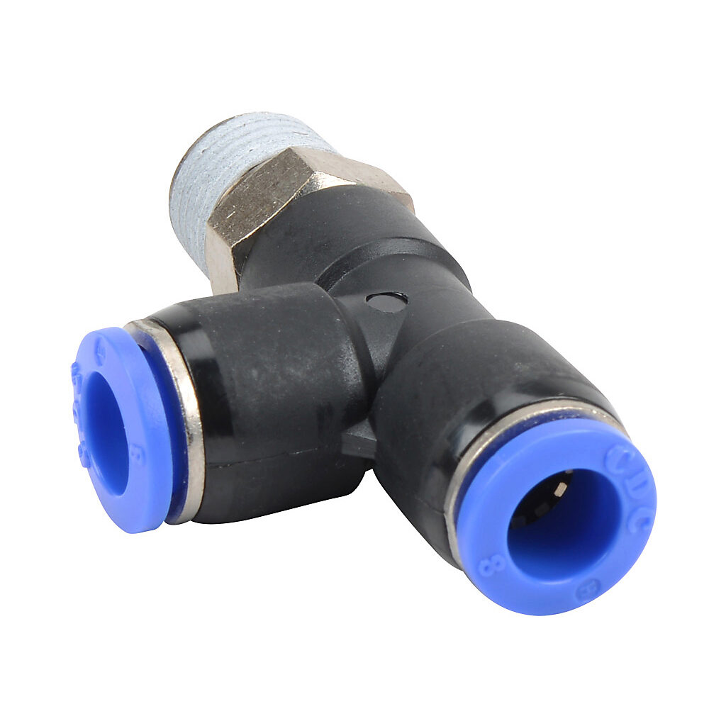 MRT8M-14R - NITRA pneumatic push-to-connect fitting, run tee, rotating, thermoplastic (PBT) body, nickel-plated brass threads, thread sealant, (1) R1/4 male BSPT to (2) 5/16in (8mm) push-to-connect. Package of 5.