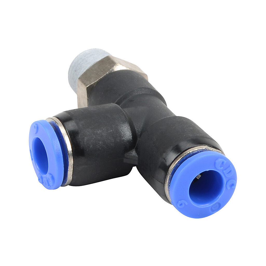 MRT8M-18R - NITRA pneumatic push-to-connect fitting, run tee, rotating, thermoplastic (PBT) body, nickel-plated brass threads, thread sealant, (1) R1/8 male BSPT to (2) 5/16in (8mm) push-to-connect. Package of 5.