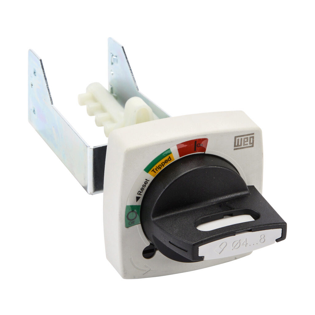 MRX-130 - WEG Electric rotary handle, selector, black/gray, external front mount, 2-position, lockable in OFF only, defeatable, NEMA 4/4X, IP65. For use with MPW40 series manual motor protectors. 130mm shaft included.