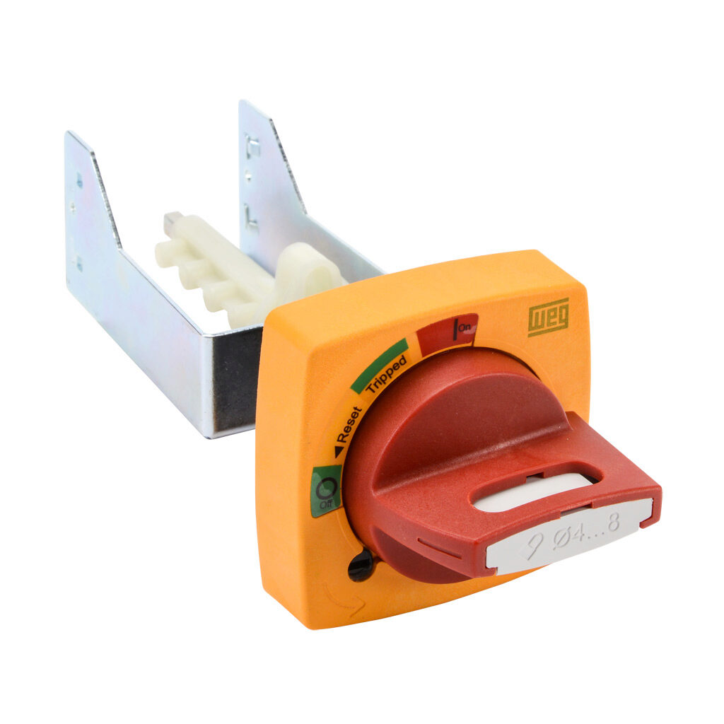MRX-130E - WEG Electric rotary handle, selector, red/yellow, external front mount, 2-position, lockable in OFF only, defeatable, NEMA 4/4X, IP65. For use with MPW40 series manual motor protectors. 130mm shaft included.