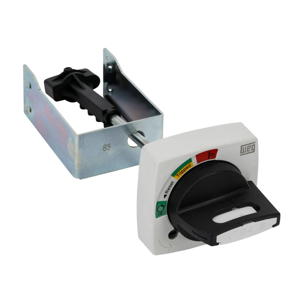 MRX65-130 - WEG Electric rotary handle, selector, black/gray, external front mount, 2-position, lockable in OFF only, defeatable, NEMA 4/4X, IP65. For use with MPW80 series manual motor protectors. 130mm shaft included.
