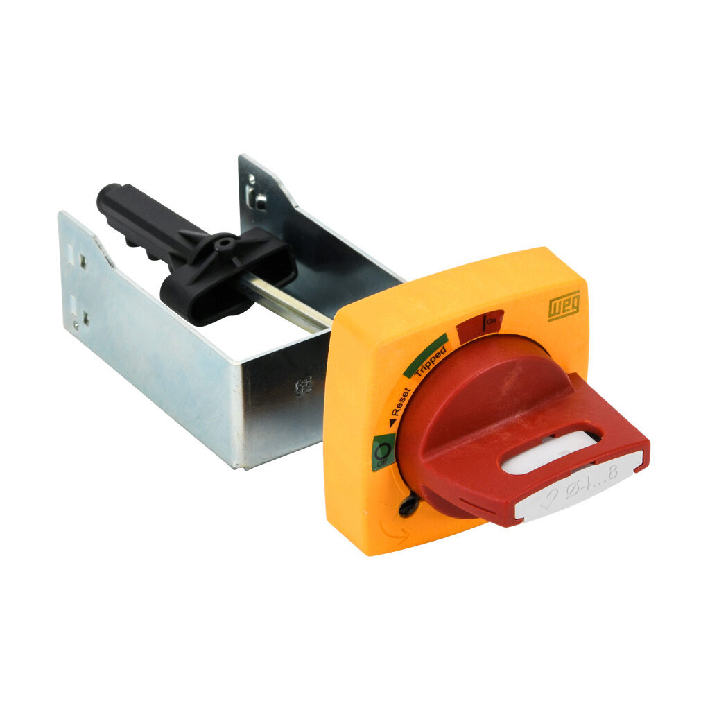 MRX65-130E - WEG Electric rotary handle, selector, red/yellow, external front mount, 2-position, lockable in OFF only, defeatable, NEMA 4/4X, IP65. For use with MPW80 series manual motor protectors. 130mm shaft included.