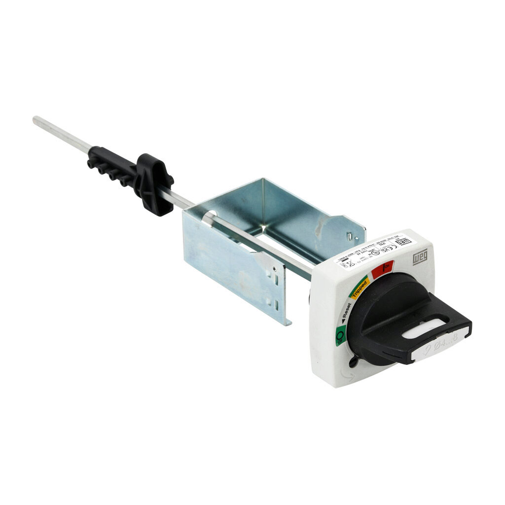 MRX65-330 - WEG Electric rotary handle, selector, black/gray, external front mount, 2-position, lockable in OFF only, defeatable, NEMA 4/4X, IP65. For use with MPW80 series manual motor protectors. 330mm shaft included.