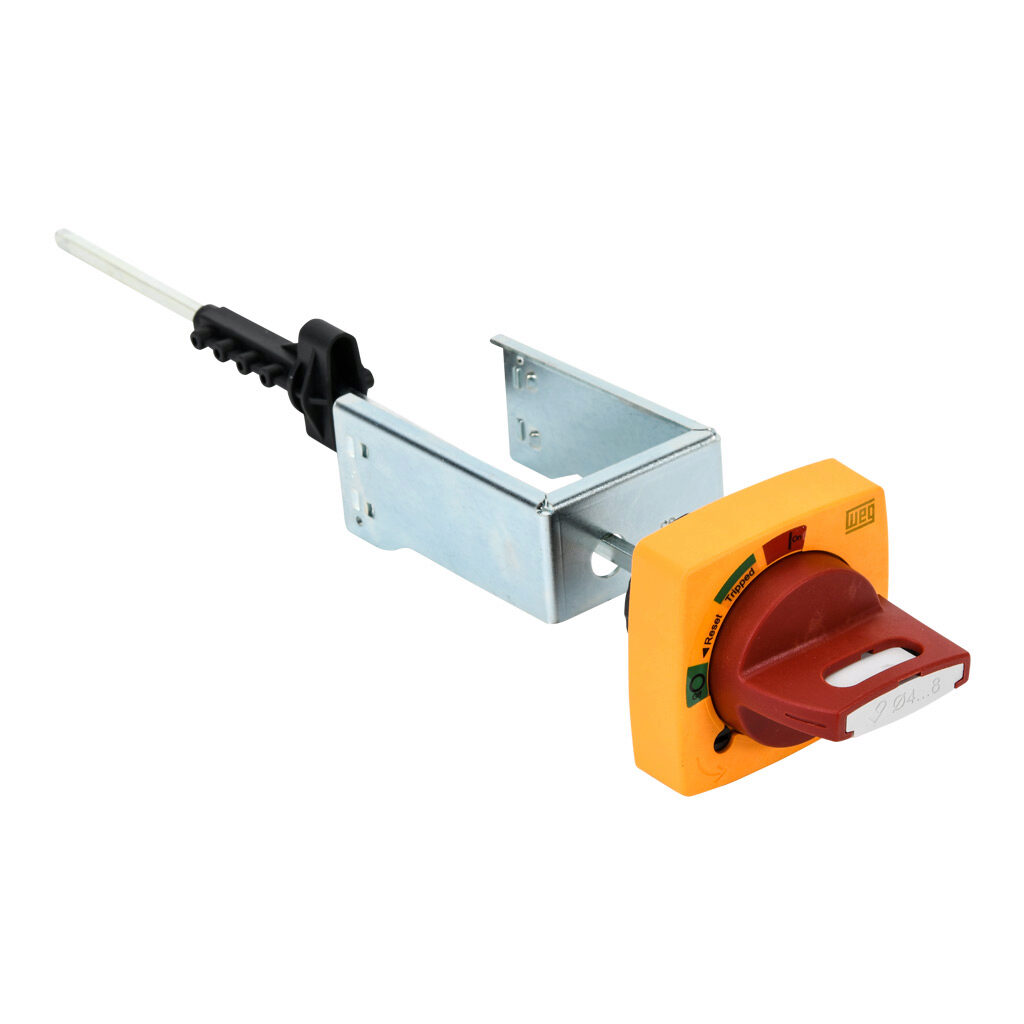 MRX65-330E - WEG Electric rotary handle, selector, red/yellow, external front mount, 2-position, lockable in OFF only, defeatable, NEMA 4/4X, IP65. For use with MPW80 series manual motor protectors. 330mm shaft included.