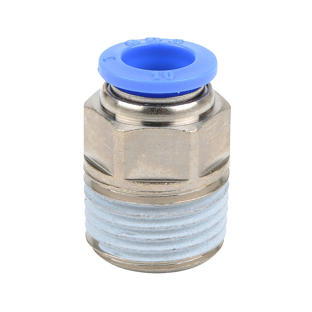 MS10M-12R - NITRA pneumatic push-to-connect fitting, straight, nickel-plated brass body, nickel-plated brass threads, thread sealant, (1) R1/2 male BSPT to (1) 10mm push-to-connect. Package of 5.