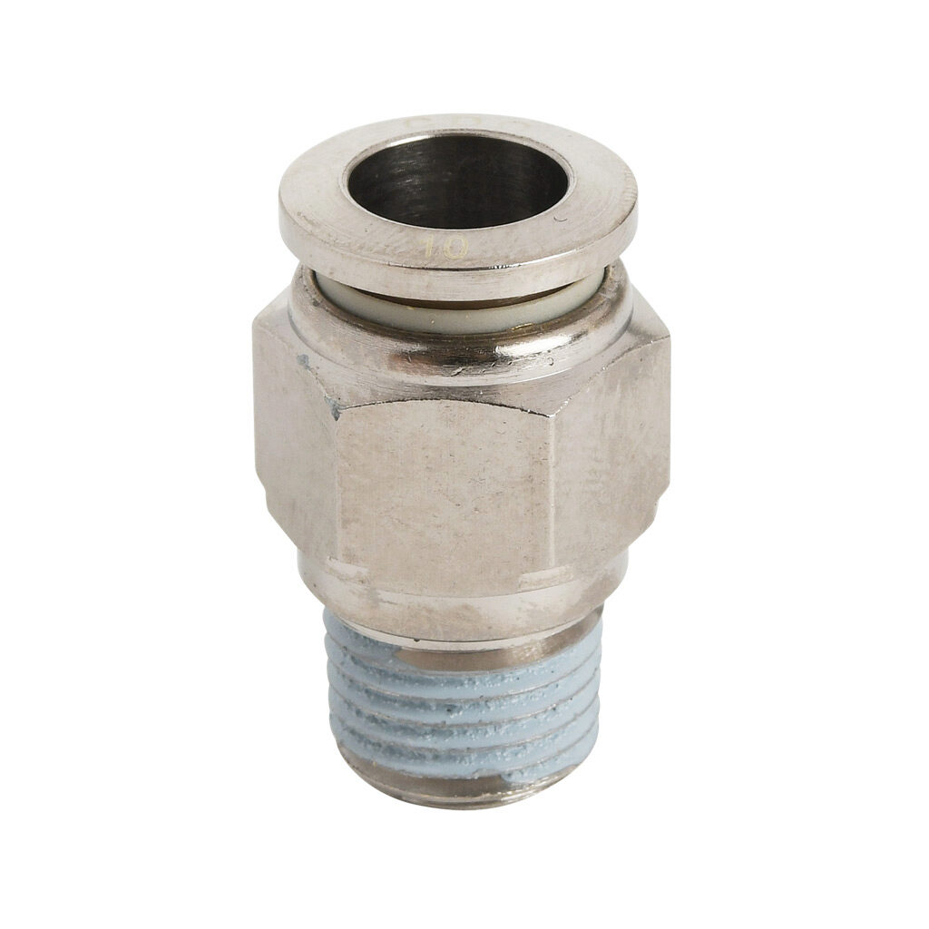 MS10M-14N-B - NITRA pneumatic push-to-connect fitting, straight, nickel-plated brass body, nickel-plated brass threads, thread sealant, (1) 1/4in male NPT to (1) 10mm push-to-connect. Package of 5.