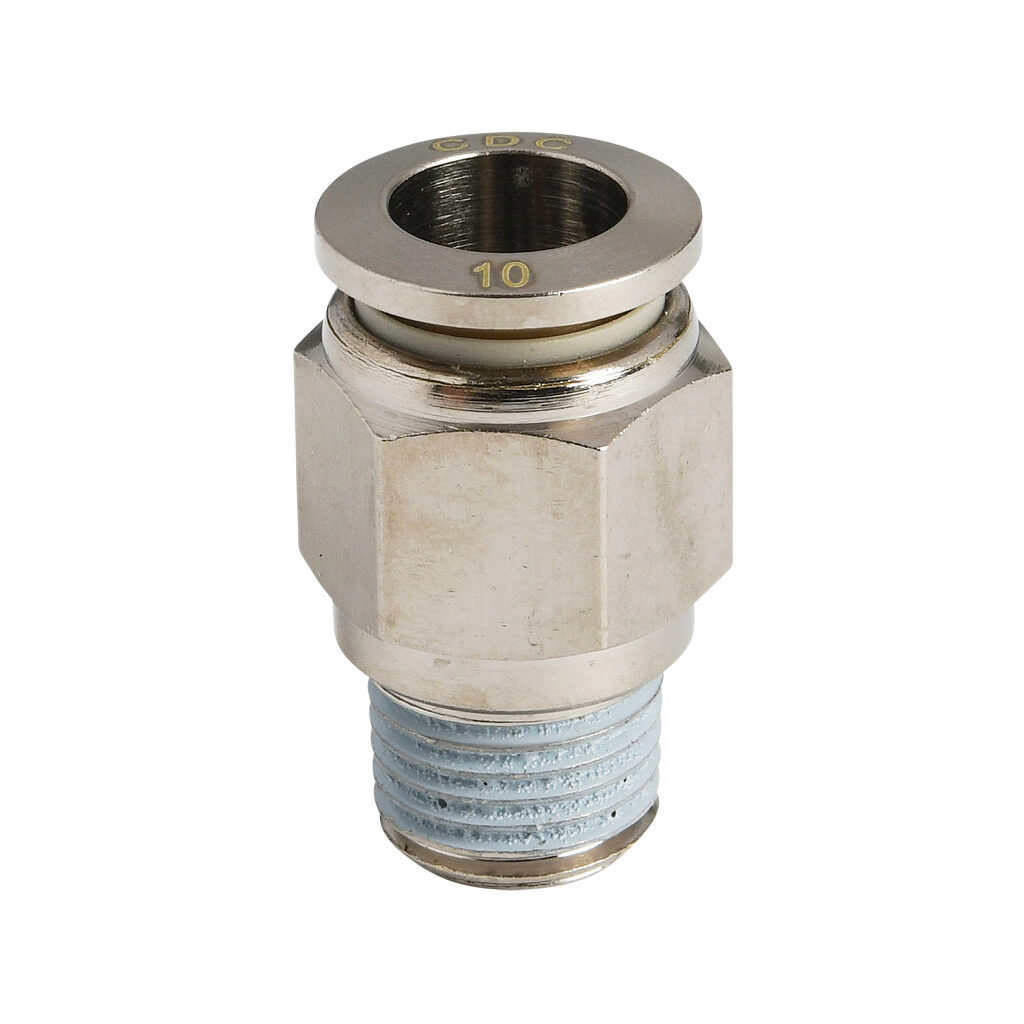 MS10M-14R-B - NITRA pneumatic push-to-connect fitting, straight, nickel-plated brass body, nickel-plated brass threads, thread sealant, (1) R1/4 male BSPT to (1) 10mm push-to-connect. Package of 5.