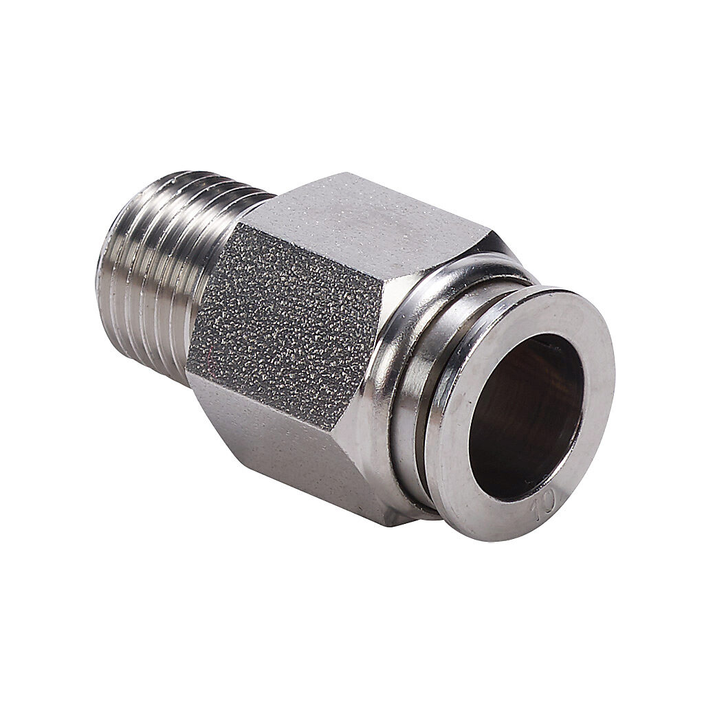 MS10M-14R-SS - NITRA pneumatic push-to-connect fitting, straight, 316 stainless steel body, 316 stainless steel threads, (1) R1/4 male BSPT to (1) 10mm push-to-connect.