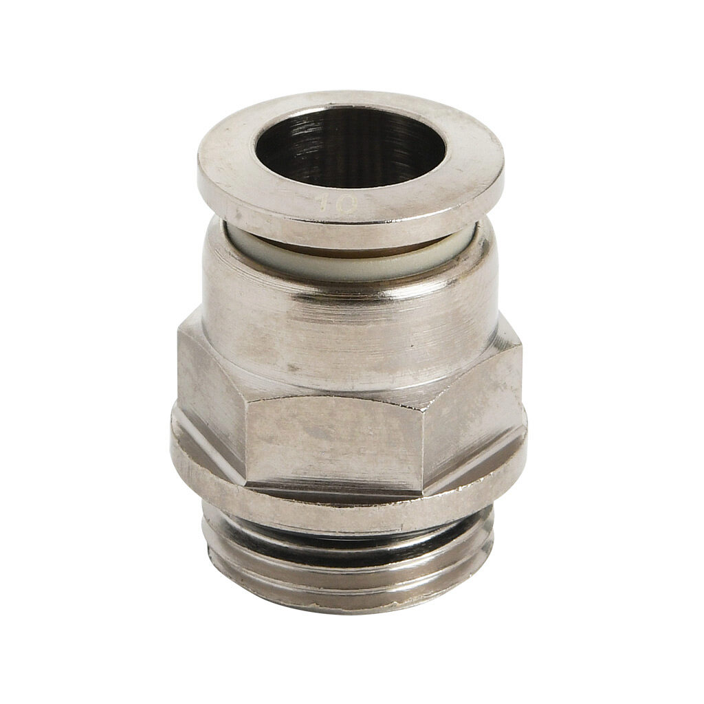 MS10M-38G-B - NITRA pneumatic push-to-connect fitting, straight, nickel-plated brass body, nickel-plated brass threads, Buna-N O-ring seal(s), (1) G3/8 male BSPP to (1) 10mm push-to-connect. Package of 5.