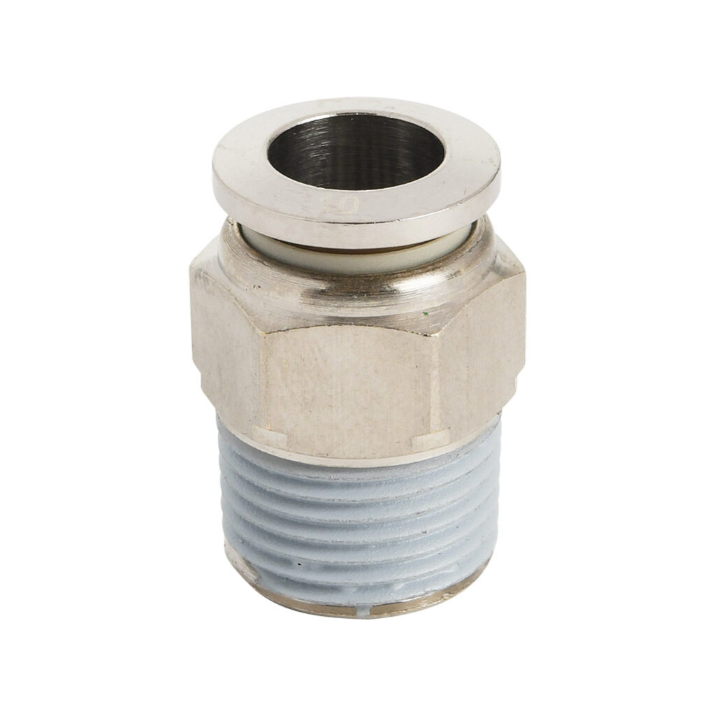 MS10M-38N-B - NITRA pneumatic push-to-connect fitting, straight, nickel-plated brass body, nickel-plated brass threads, thread sealant, (1) 3/8in male NPT to (1) 10mm push-to-connect. Package of 5.