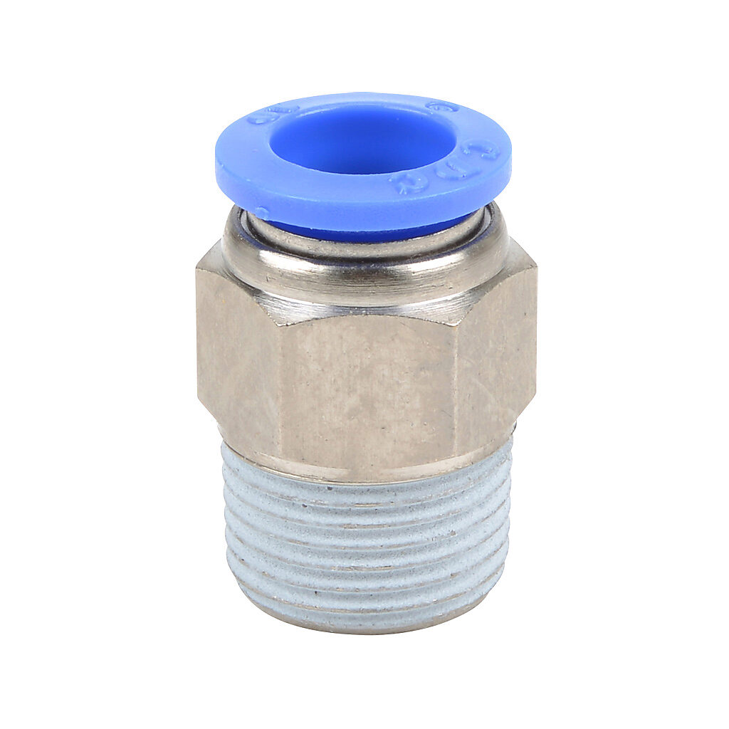 MS10M-38R - NITRA pneumatic push-to-connect fitting, straight, nickel-plated brass body, nickel-plated brass threads, thread sealant, (1) R3/8 male BSPT to (1) 10mm push-to-connect. Package of 5.