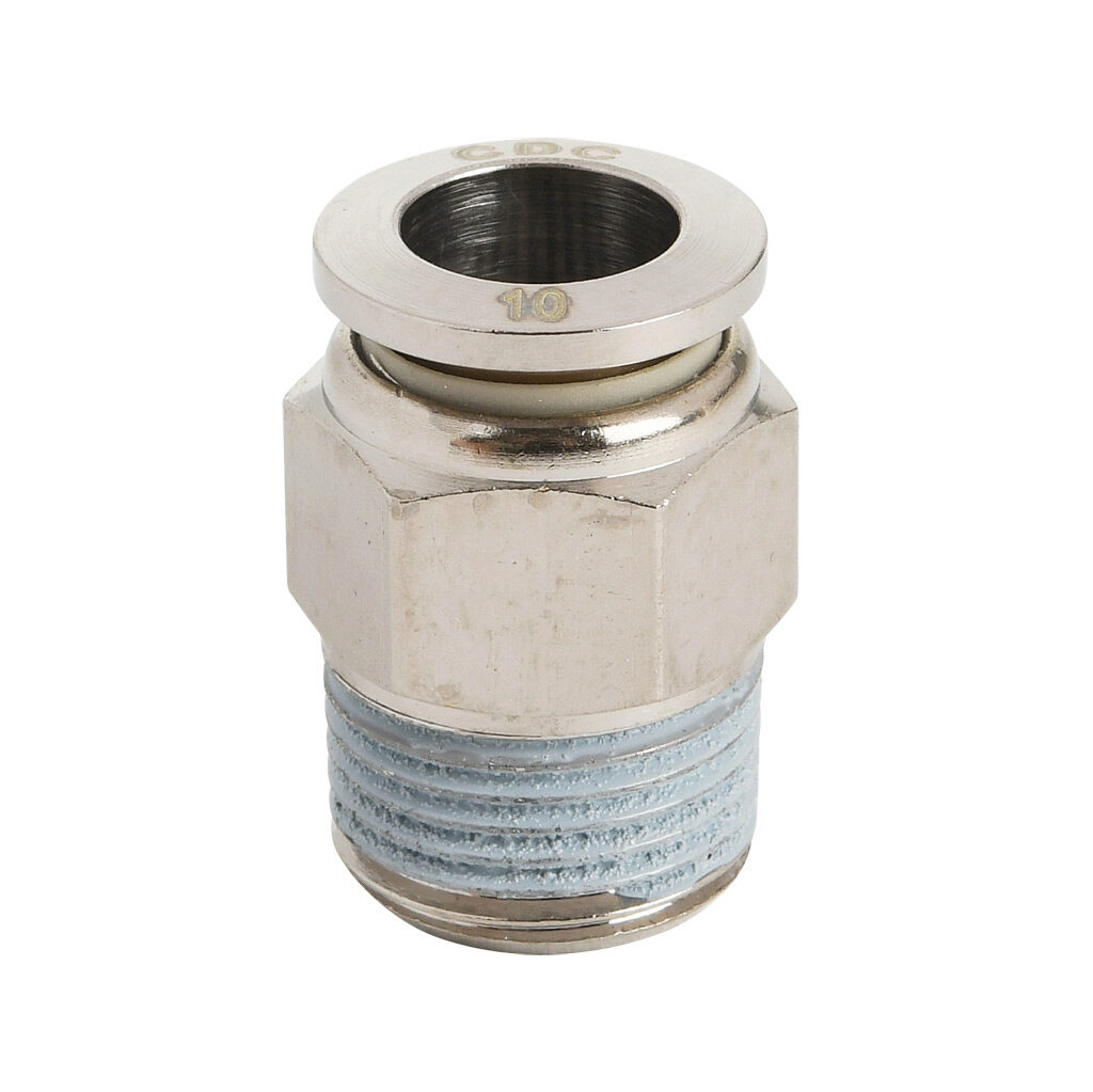 MS10M-38R-B - NITRA pneumatic push-to-connect fitting, straight, nickel-plated brass body, nickel-plated brass threads, thread sealant, (1) R3/8 male BSPT to (1) 10mm push-to-connect. Package of 5.